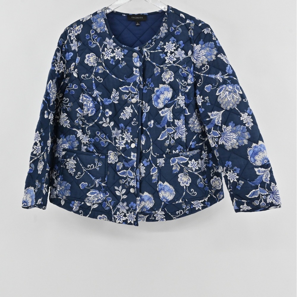 Talbots Quilted Floral Jacket Womens Size L Blue White Cotton Snap Front Pockets